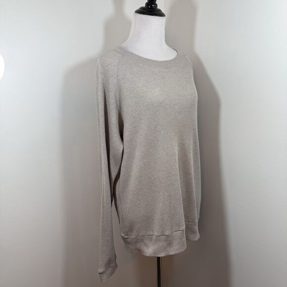 Aritzia TNA Thermal Size M Boatneck Long-sleeve Waffle Gray Knit Top Sweater - Picture 2 of 10